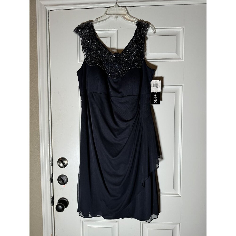 Xscape Navy Beaded Mesh Cocktail Dress